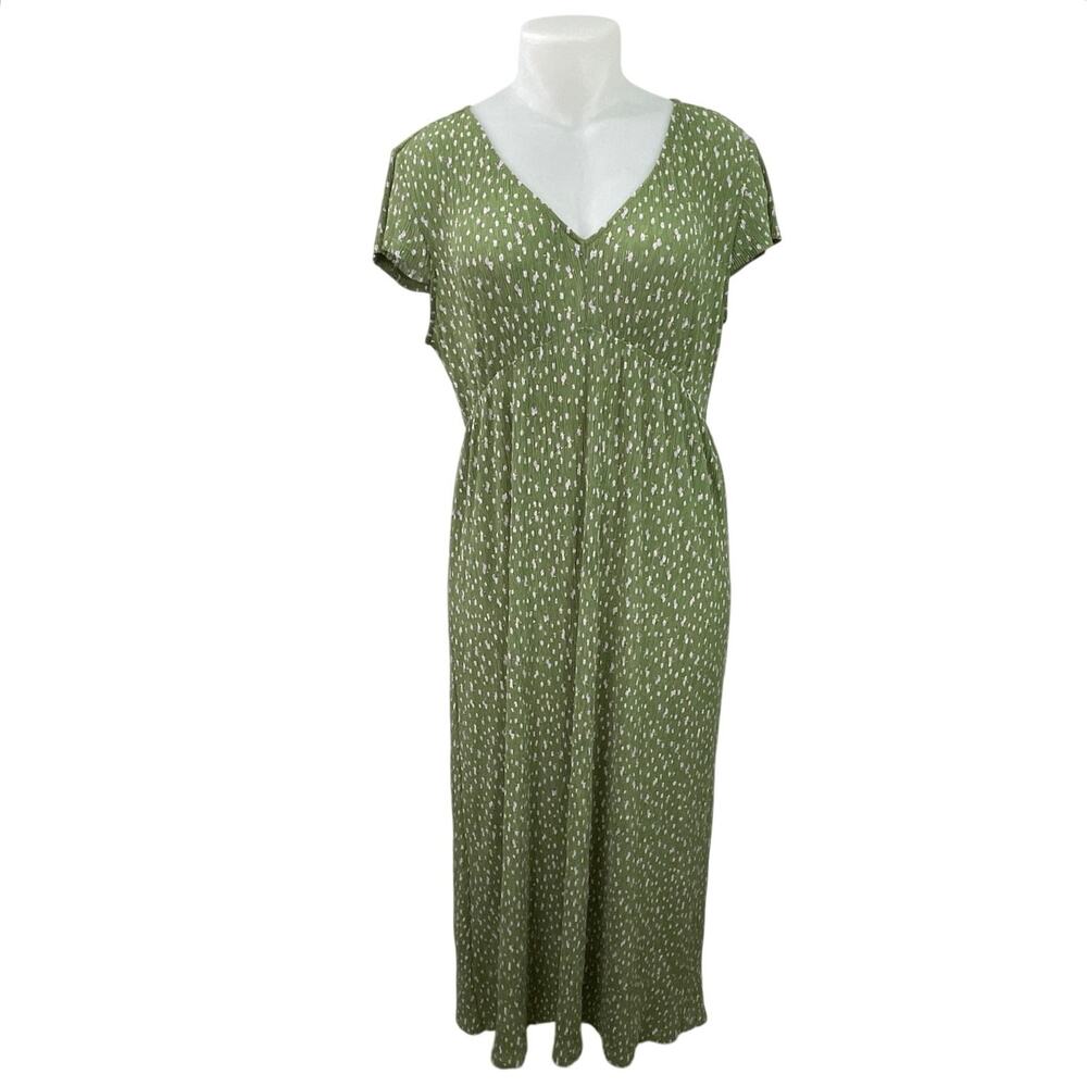MNG Mango Green Floral Short Sleeve V Neck Empire A Line Maxi Dress Size 10